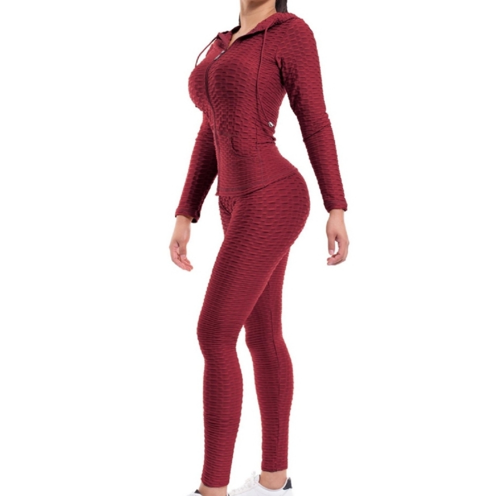 Burgundy 3 Piece Tiktok Brazilian Butt Lift Leggings Tank Top With Zip Up Hoodie